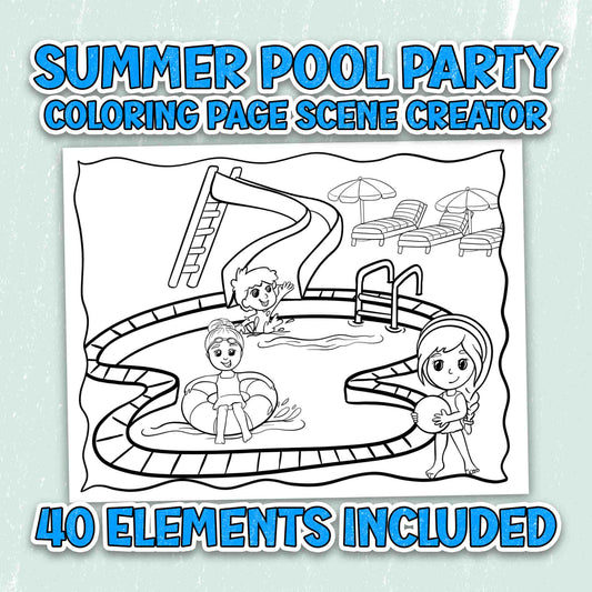 Summer Pool Party - Coloring Page Scene Creator