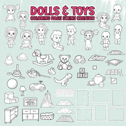 Kawaii Dolls & Toys Coloring Page Scene Creator