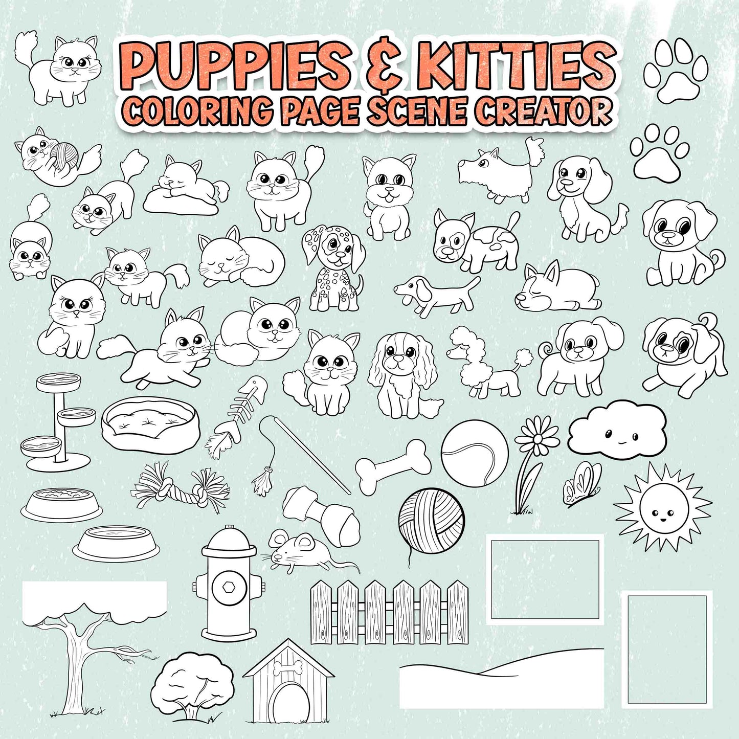 Kawaii Cute Puppies & Kitties - Coloring Page Scene Creator