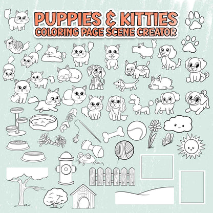 Kawaii Cute Puppies & Kitties - Coloring Page Scene Creator