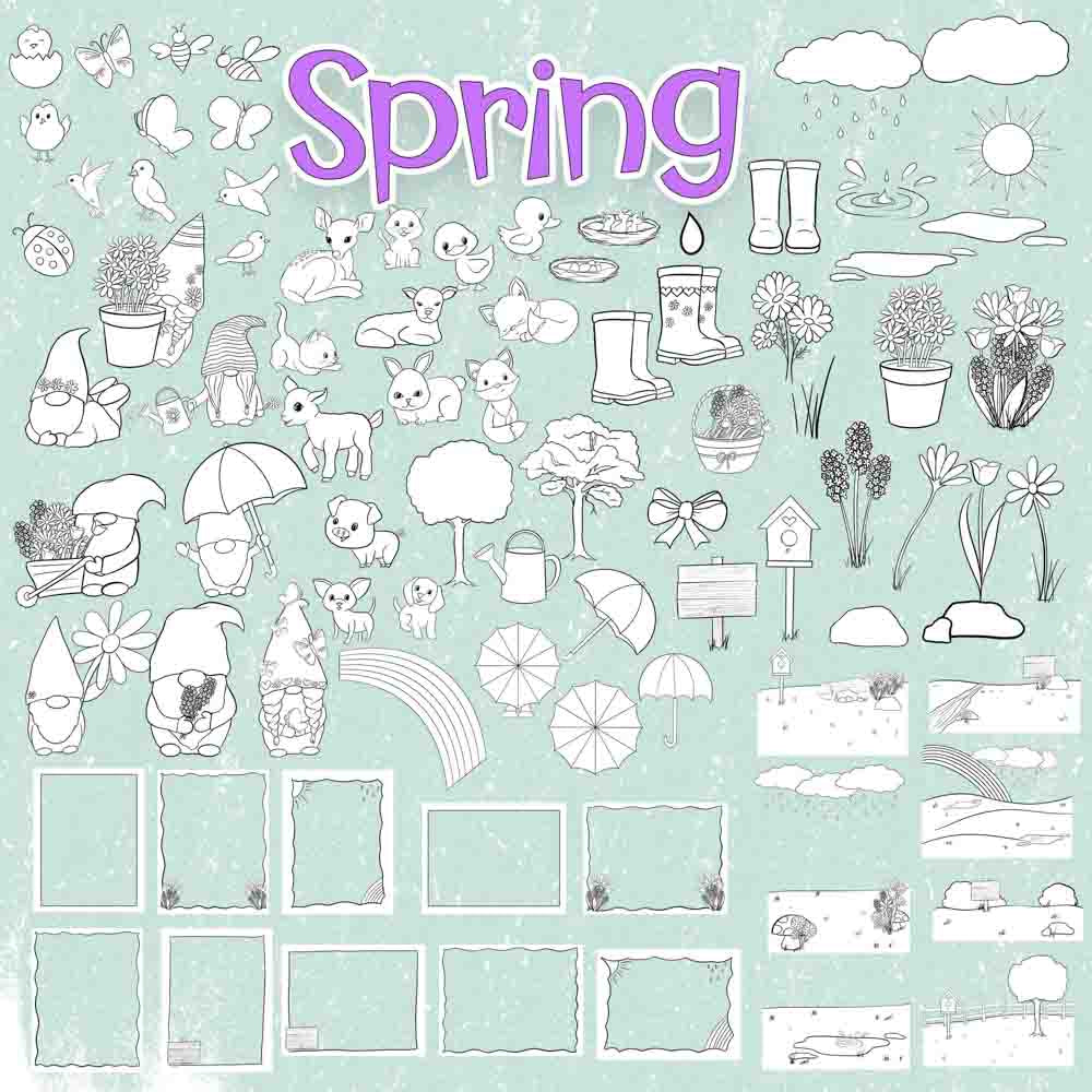 Springtime Coloring Page Scene Creator Bundle