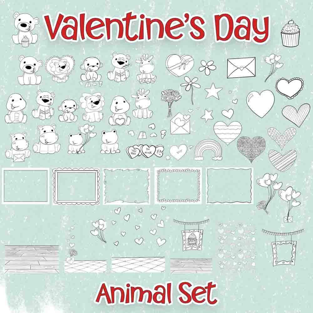 Valentine's Day Animals: Coloring Page Scene Creator Set