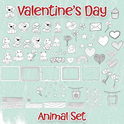 Valentine's Day Animals: Coloring Page Scene Creator Set