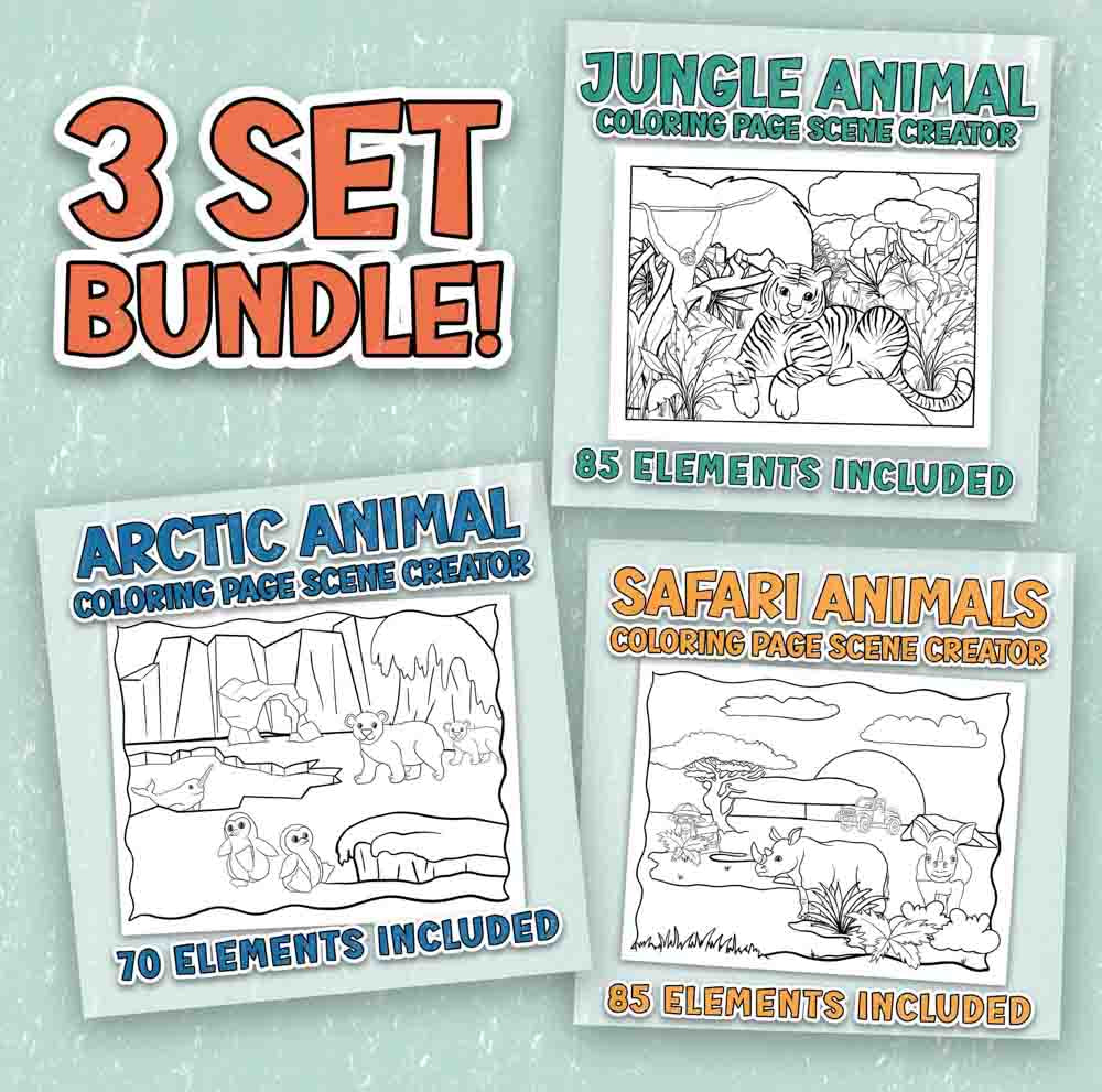 Wild Adventures: Unleash Your Creativity with the Arctic, Jungle, and Safari Coloring Page Scene Creator Bundle