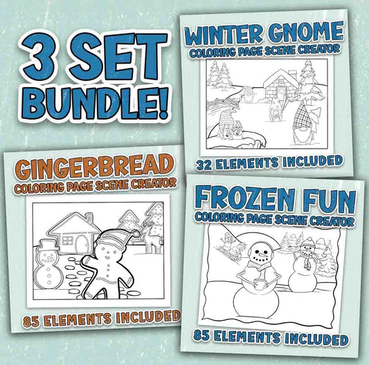 Whimsical Winter Coloring Page Scene Creator Bundle