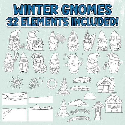 Whimsical Winter Coloring Page Scene Creator Bundle